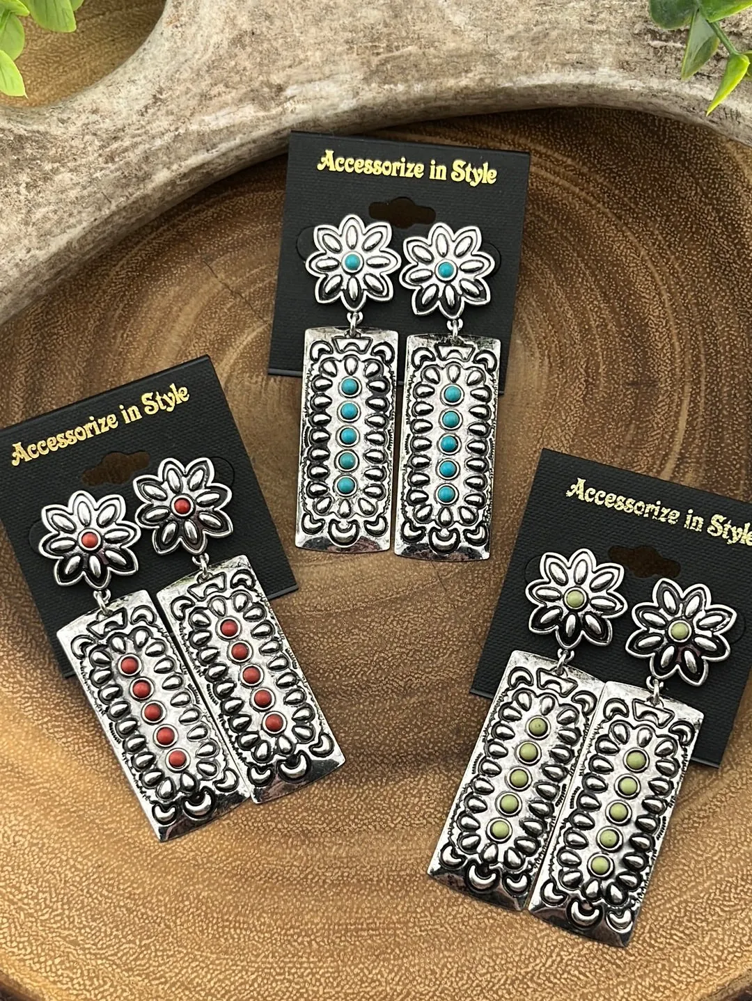 Hedera Fashion Concho Post Rectangle Drop Earrings With Stone Accents