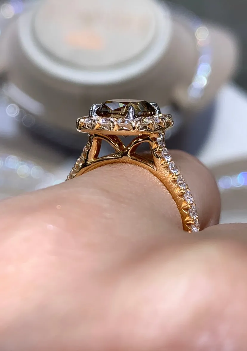Henri Daussi 2.04ct GIA Certified Fancy Dark Yellow Brown Cushion Halo Engagement  Ring