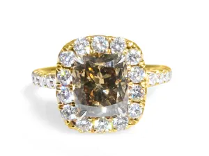 Henri Daussi 2.04ct GIA Certified Fancy Dark Yellow Brown Cushion Halo Engagement  Ring