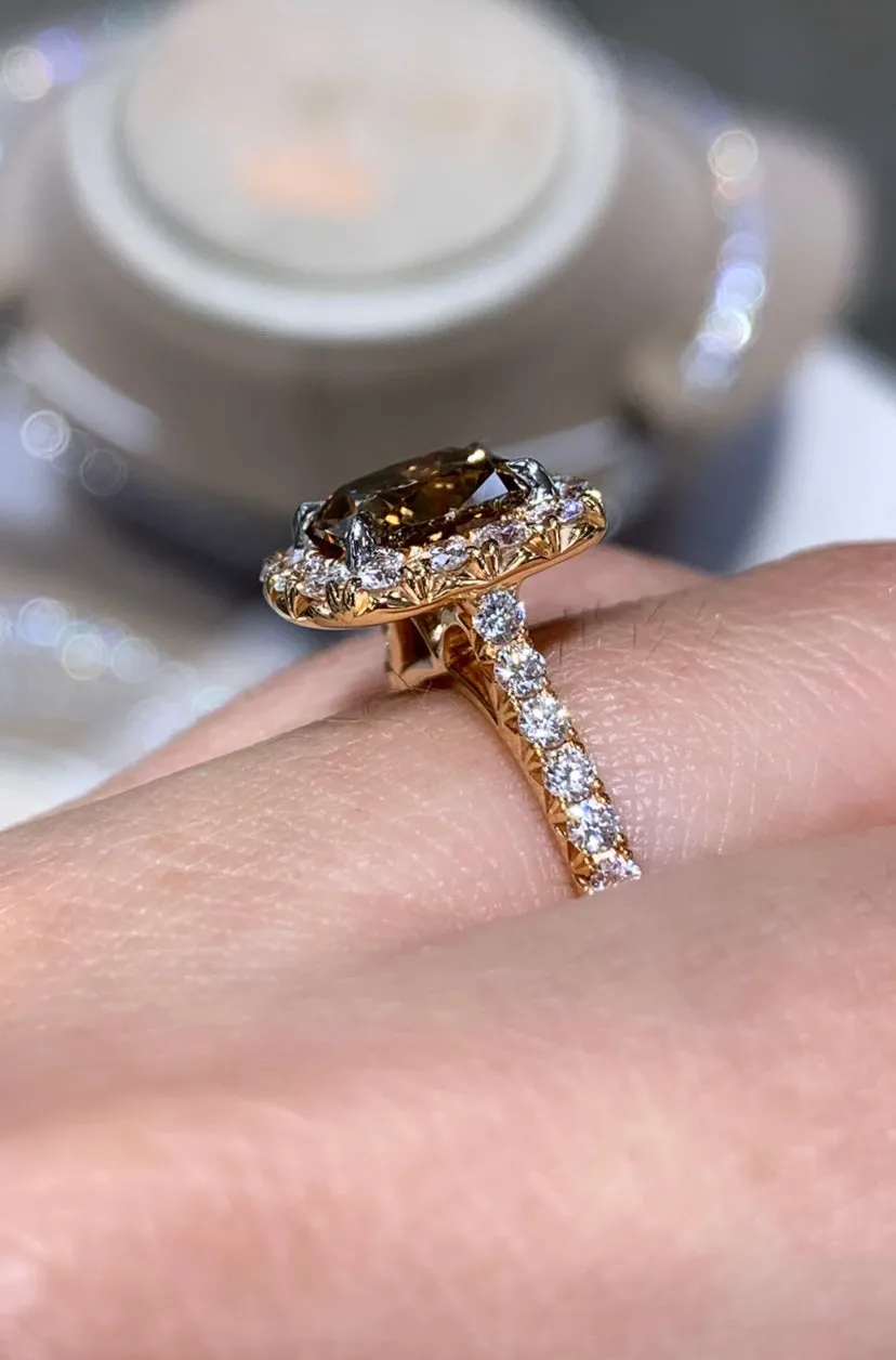 Henri Daussi 2.04ct GIA Certified Fancy Dark Yellow Brown Cushion Halo Engagement  Ring