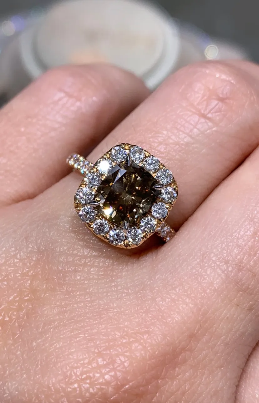 Henri Daussi 2.04ct GIA Certified Fancy Dark Yellow Brown Cushion Halo Engagement  Ring