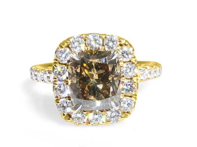 Henri Daussi 2.04ct GIA Certified Fancy Dark Yellow Brown Cushion Halo Engagement  Ring