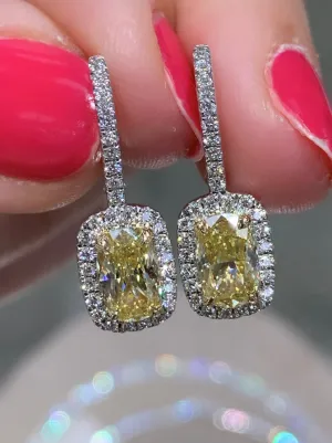Henri Daussi Signed 2.18ctw Fancy Yellow Canary Cushion Cut with Halo Diamond Drop Earrings