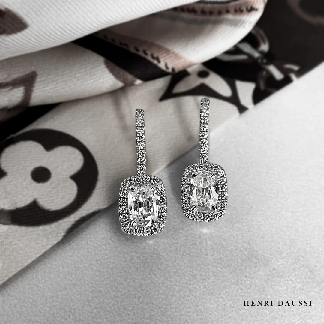 Henri Daussi Signed 2.18ctw Fancy Yellow Canary Cushion Cut with Halo Diamond Drop Earrings