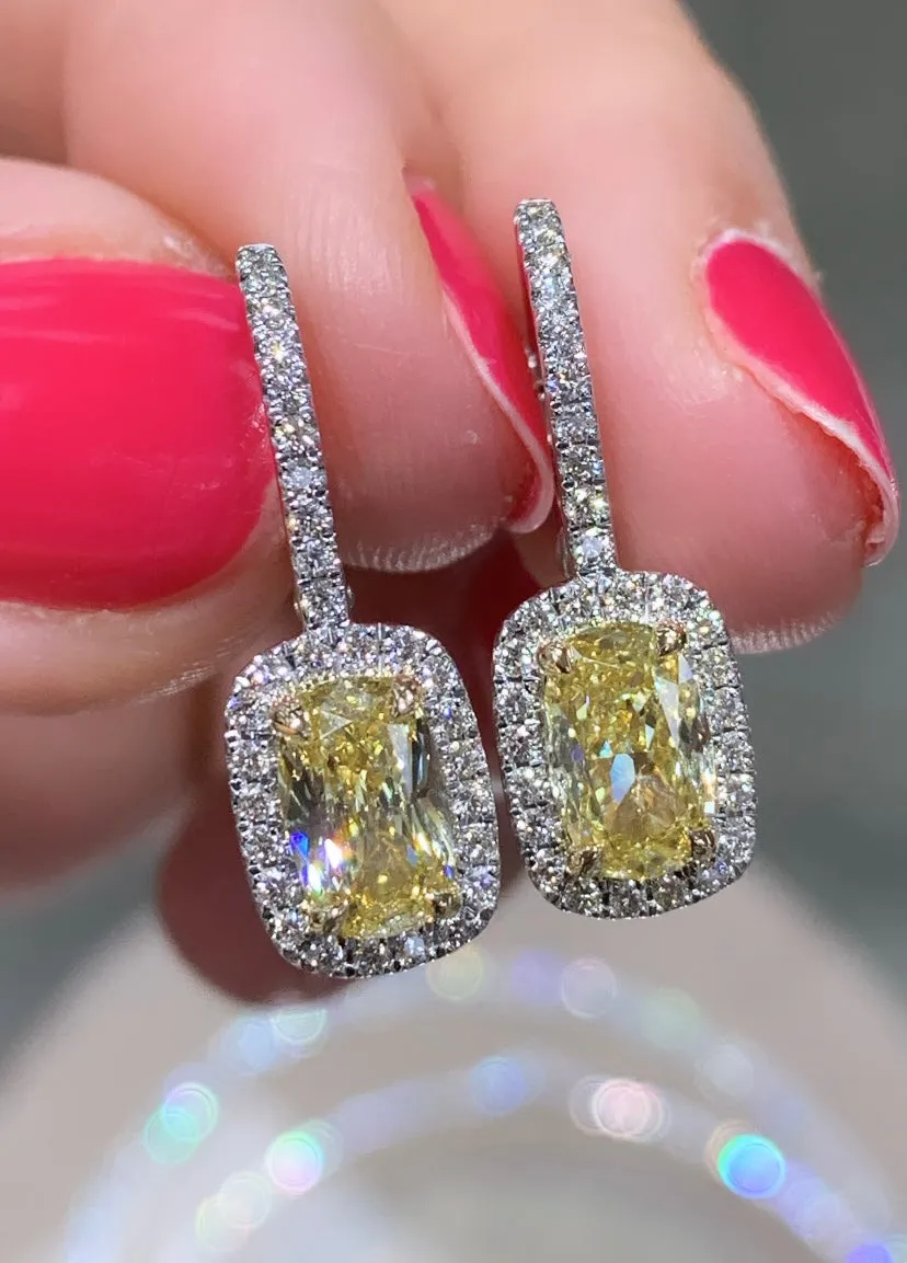 Henri Daussi Signed 2.18ctw Fancy Yellow Canary Cushion Cut with Halo Diamond Drop Earrings