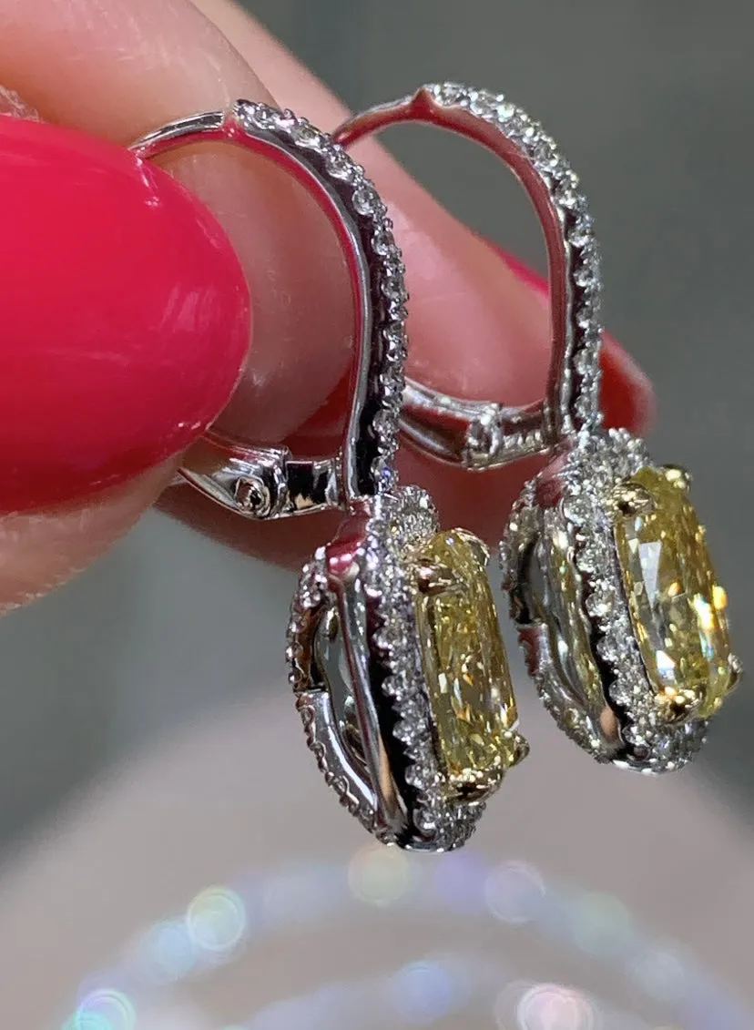 Henri Daussi Signed 2.18ctw Fancy Yellow Canary Cushion Cut with Halo Diamond Drop Earrings