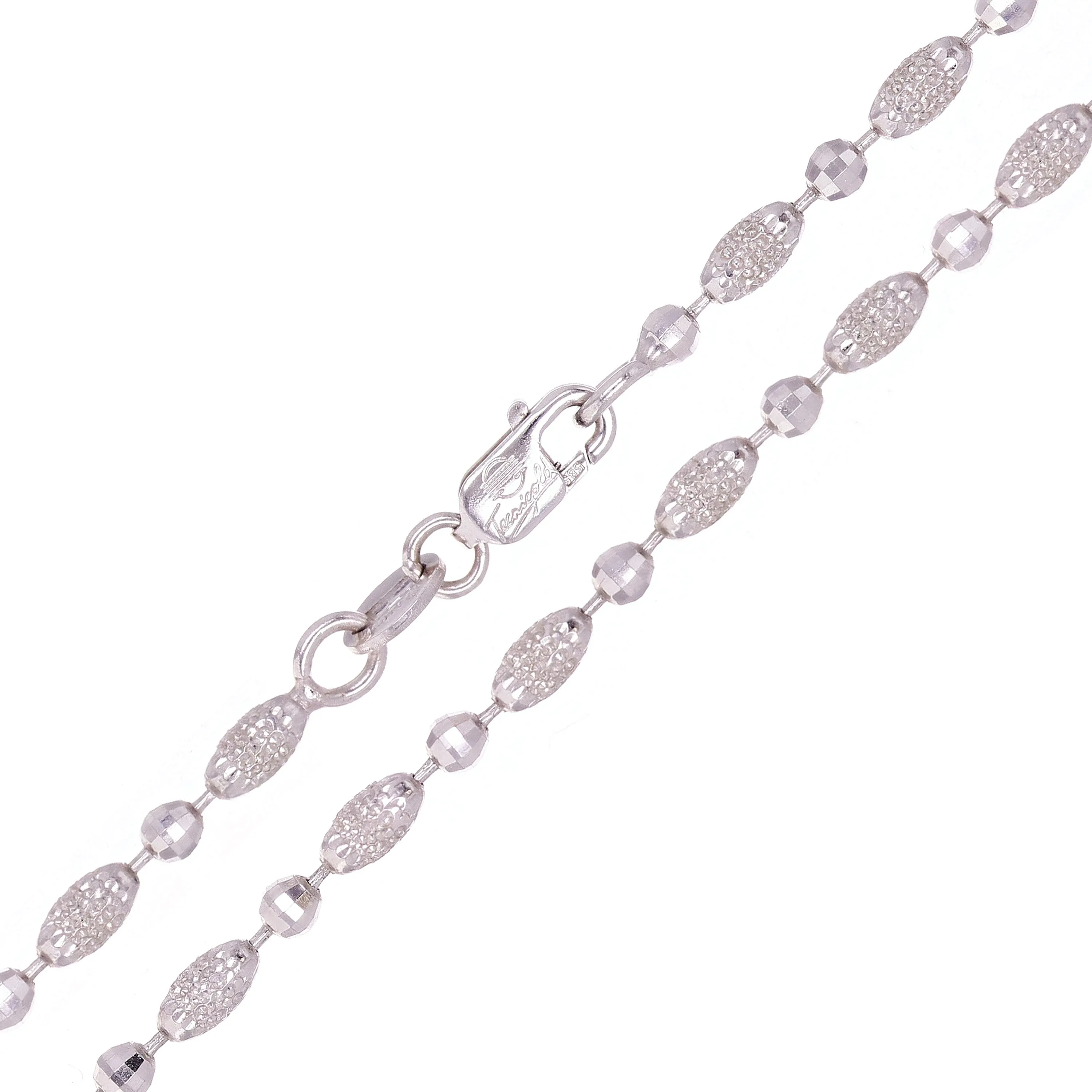 Italian 14k White Gold Oval & Disco Balls Beads Fancy Necklace 2.5mm 16" 6.5gram
