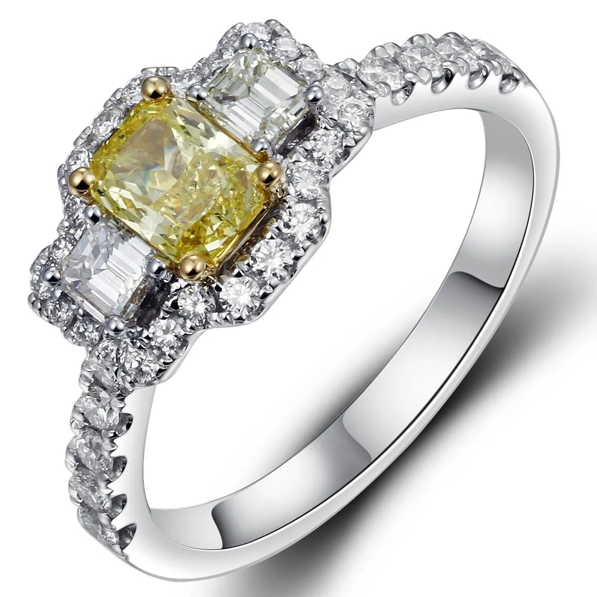 Ladies Fancy Yellow Center Side Emerald-cut Diamond Ring