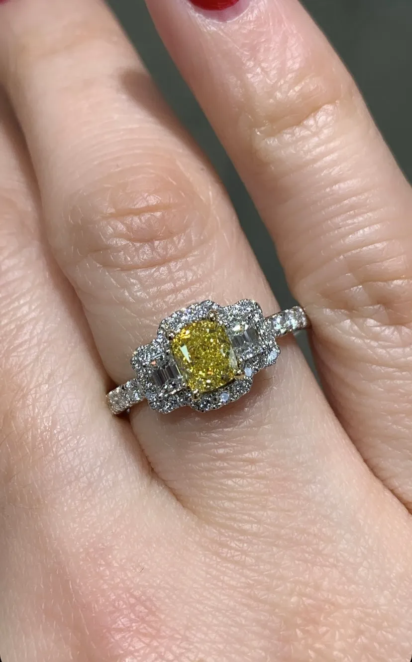 Ladies Fancy Yellow Center Side Emerald-cut Diamond Ring