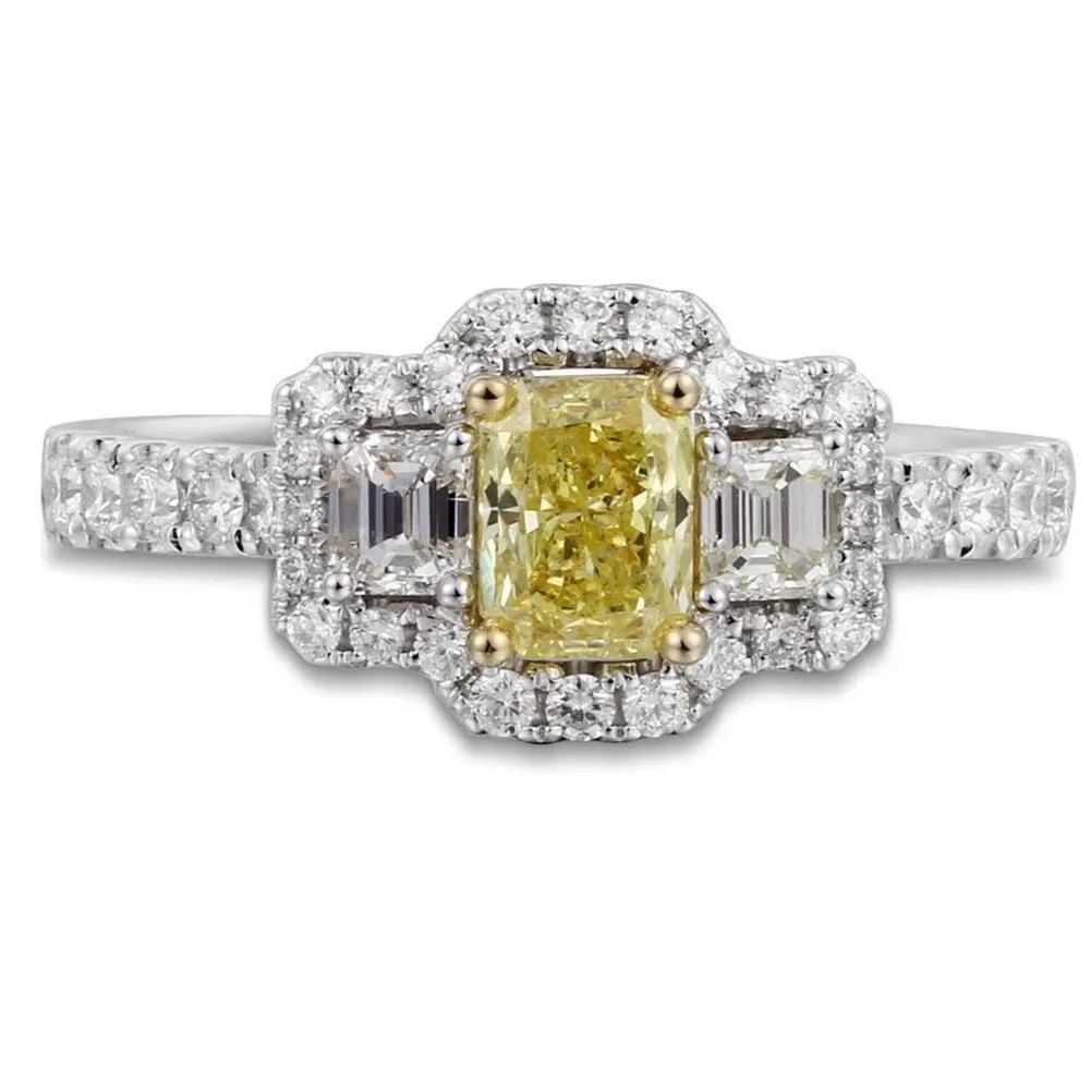 Ladies Fancy Yellow Center Side Emerald-cut Diamond Ring