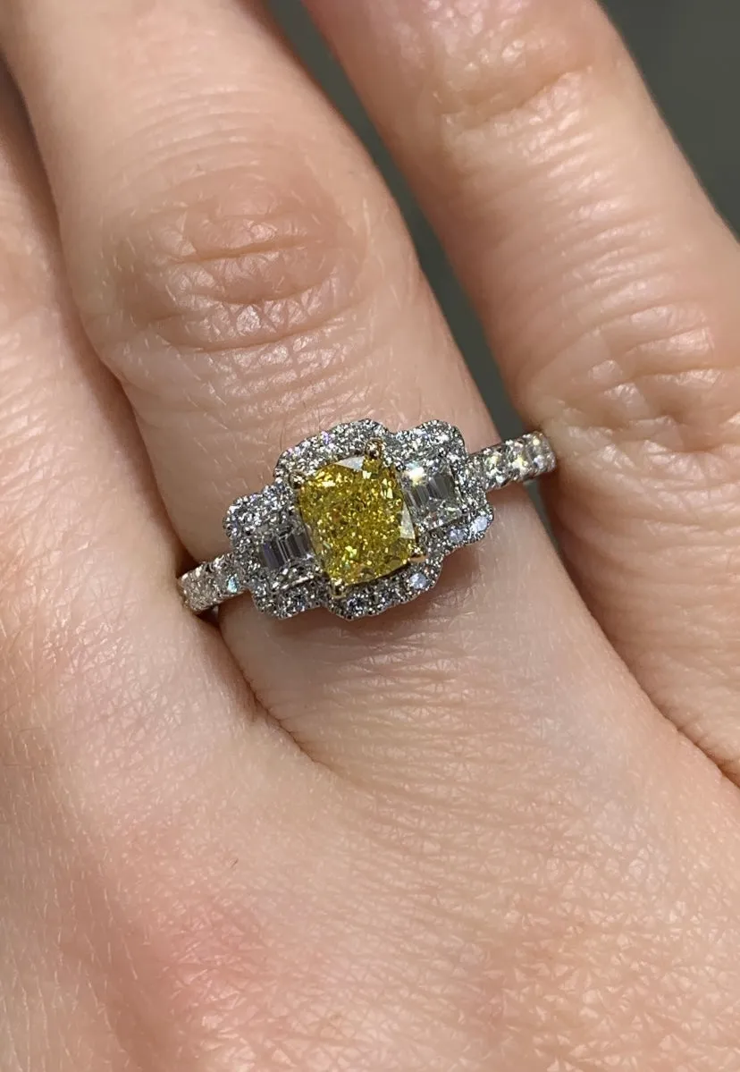 Ladies Fancy Yellow Center Side Emerald-cut Diamond Ring