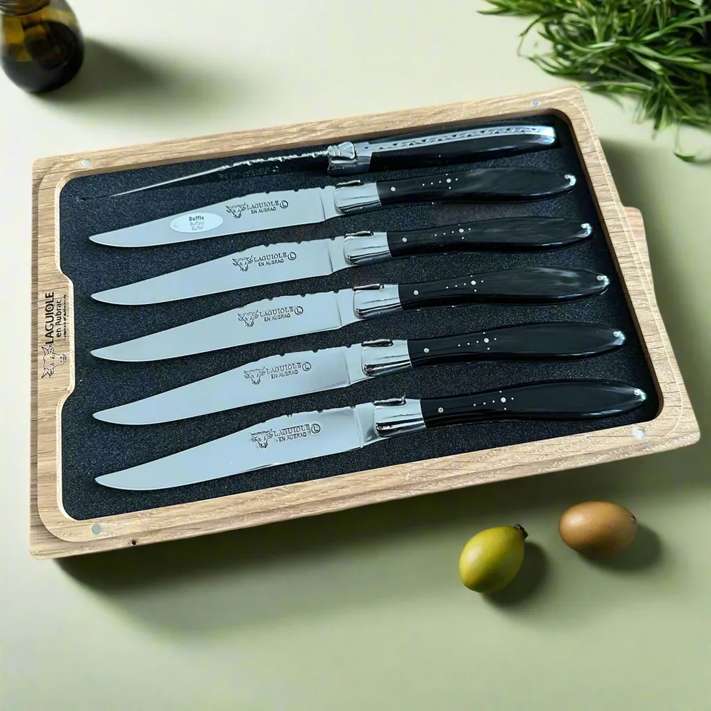 Laguiole en Aubrac Handcrafted Crocus 6-Piece Steak Knife Set With Buffalo Horn Handles