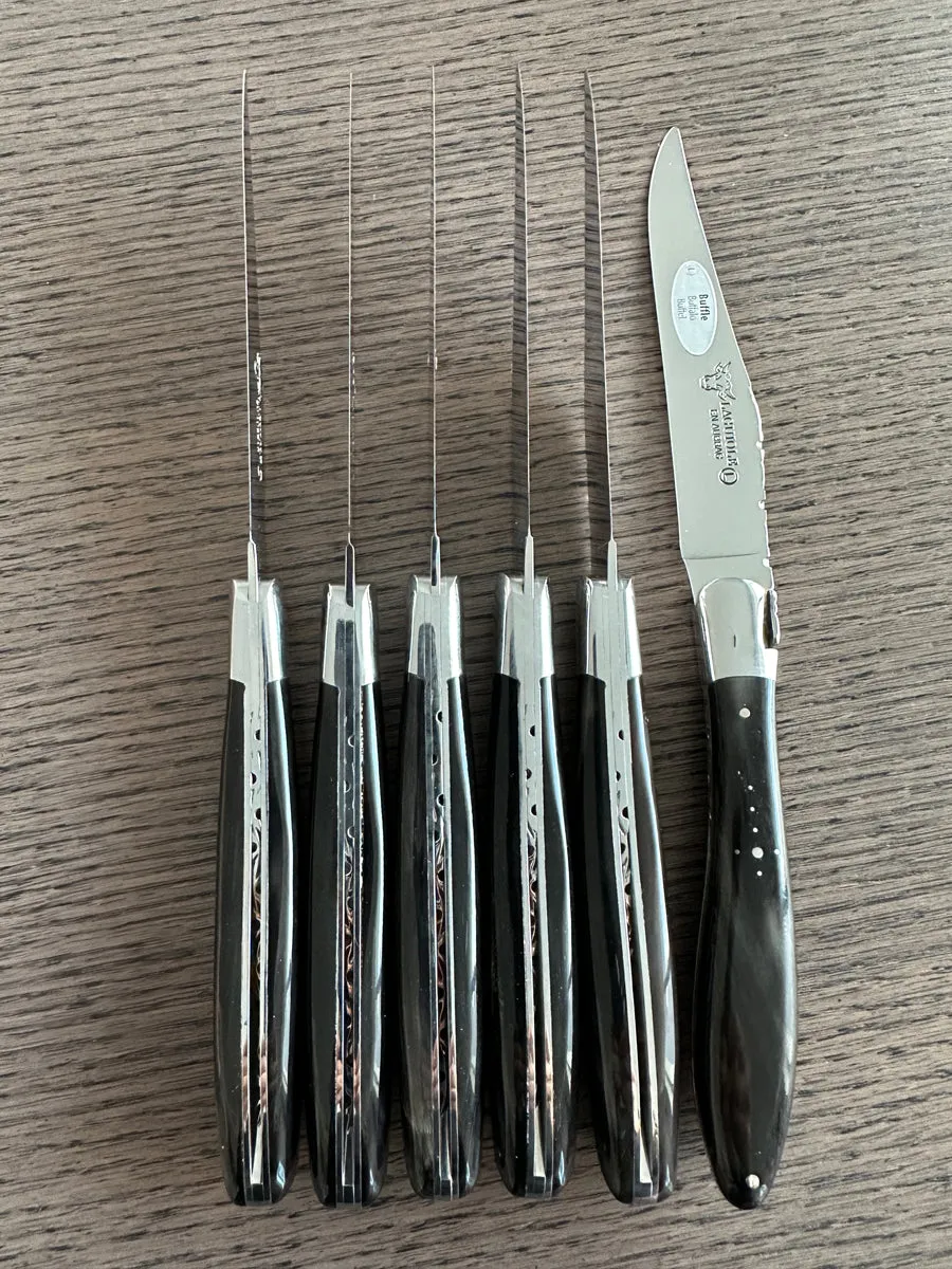 Laguiole en Aubrac Handcrafted Crocus 6-Piece Steak Knife Set With Buffalo Horn Handles