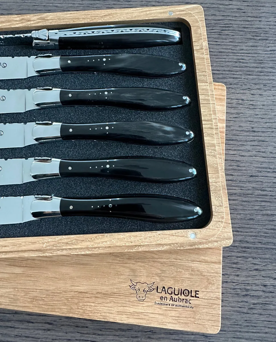 Laguiole en Aubrac Handcrafted Crocus 6-Piece Steak Knife Set With Buffalo Horn Handles