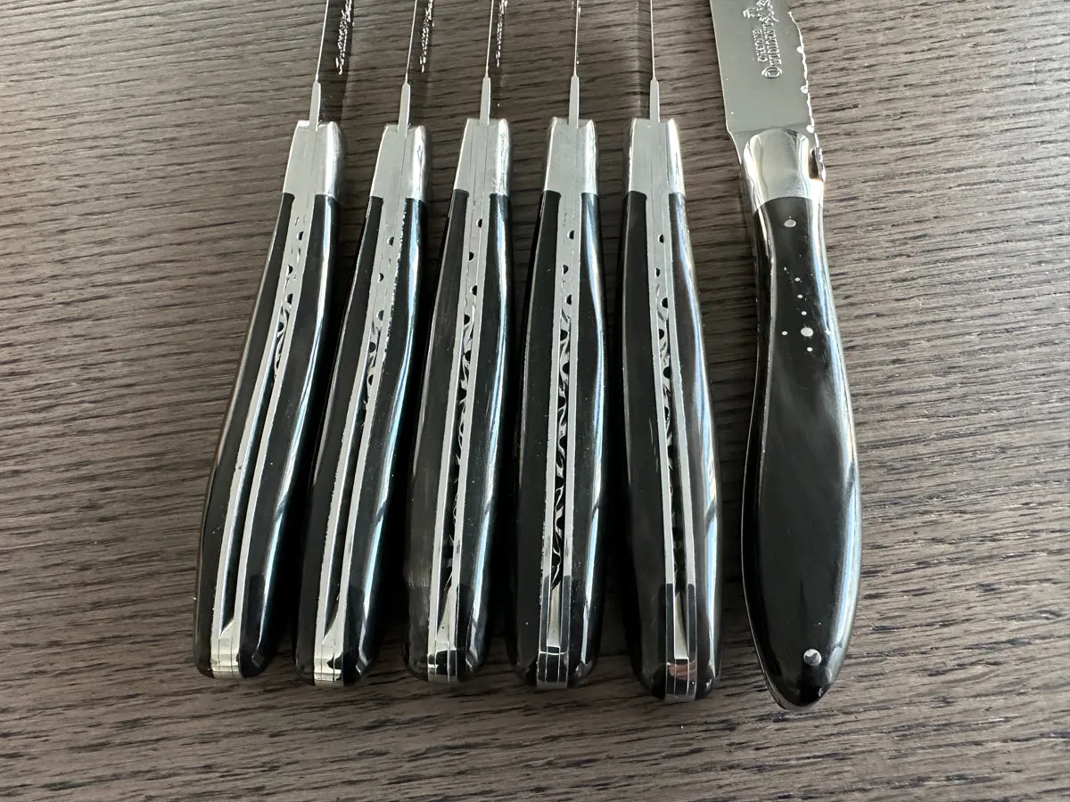 Laguiole en Aubrac Handcrafted Crocus 6-Piece Steak Knife Set With Buffalo Horn Handles