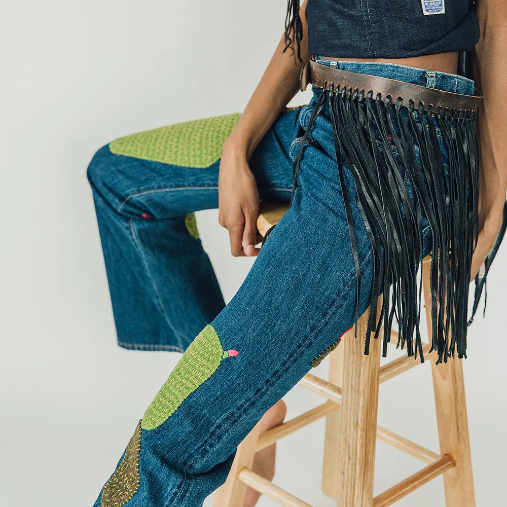 LEATHER FRINGE BELT (DISCO BUCKLE) - BLACK
