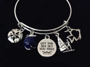 Let the Sea Set you Free Nautical Expandable Charm Bracelet Silver Adjustable Bangle Wind Surfing One Size Fits All Gift Dolphin Sand Dollar