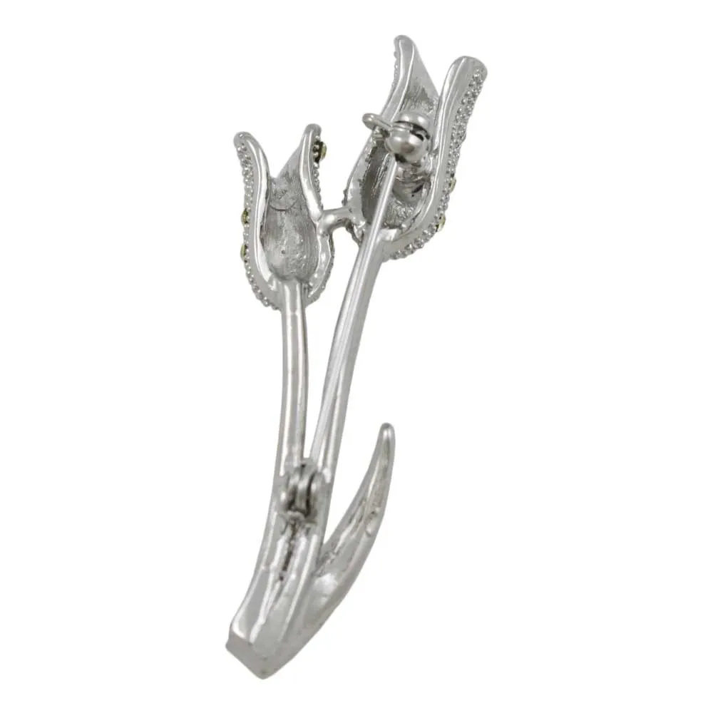 Light Yellow Crystal Pair of Tulips Flower Brooch Pin - PRL963