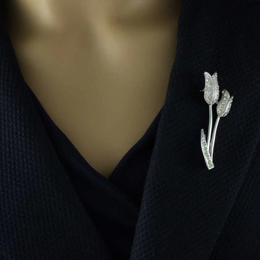 Light Yellow Crystal Pair of Tulips Flower Brooch Pin - PRL963