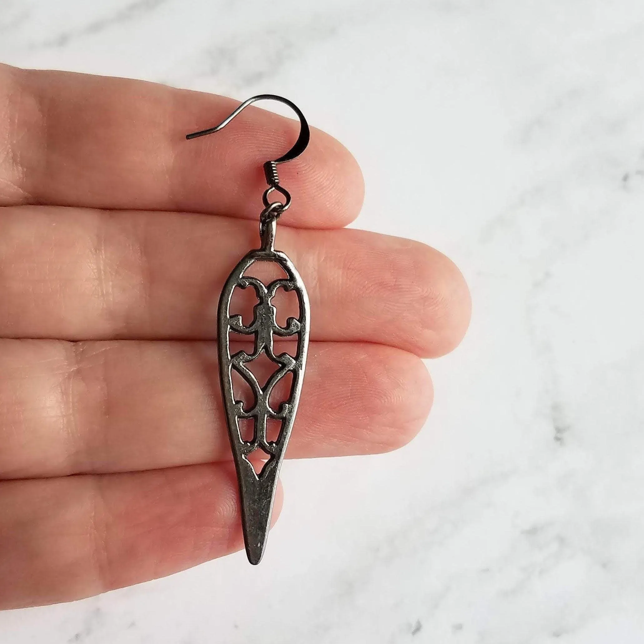 Long Gunmetal Earrings - cathedral style blackened silver filigree design w/ inverted teardrop shape - lightweight handmade everyday jewelry