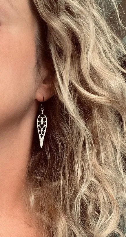 Long Gunmetal Earrings - cathedral style blackened silver filigree design w/ inverted teardrop shape - lightweight handmade everyday jewelry