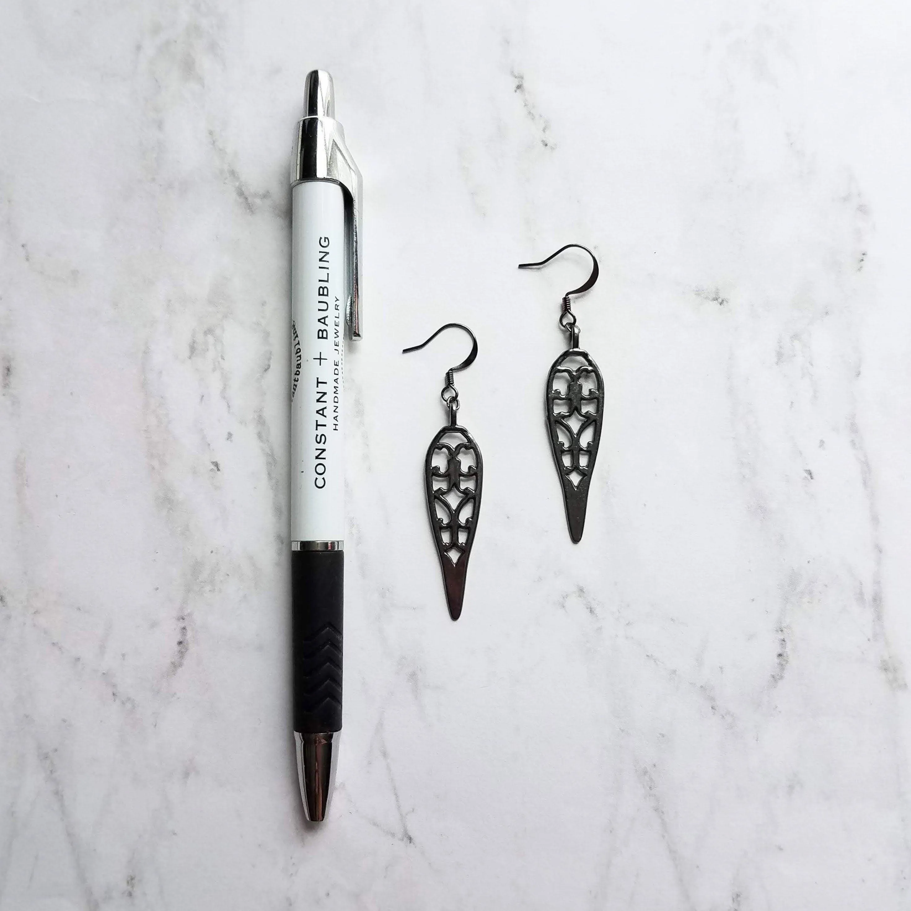 Long Gunmetal Earrings - cathedral style blackened silver filigree design w/ inverted teardrop shape - lightweight handmade everyday jewelry