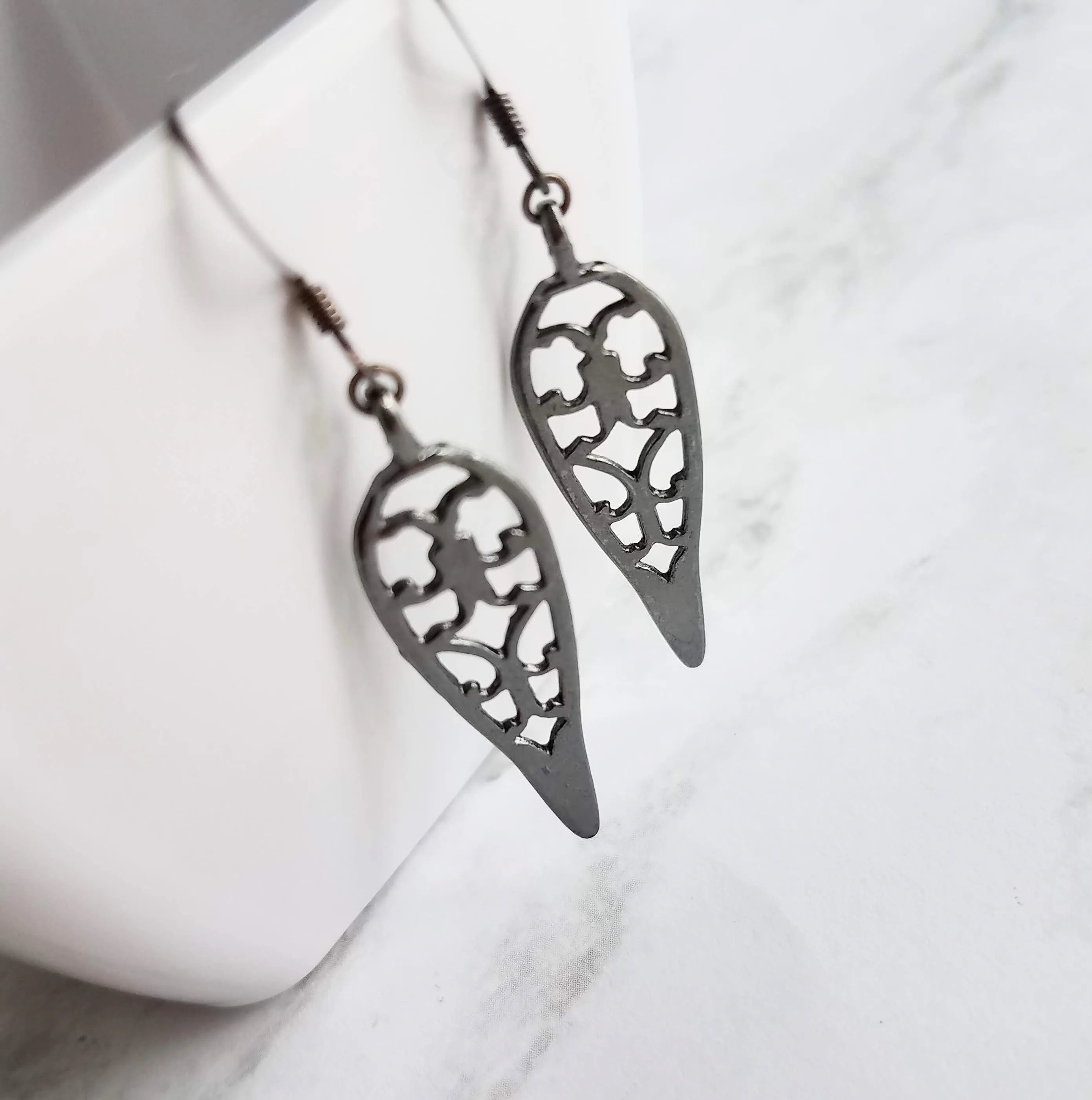 Long Gunmetal Earrings - cathedral style blackened silver filigree design w/ inverted teardrop shape - lightweight handmade everyday jewelry