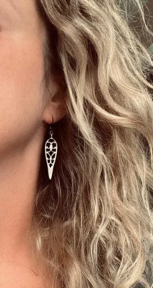 Long Gunmetal Earrings - cathedral style blackened silver filigree design w/ inverted teardrop shape - lightweight handmade everyday jewelry