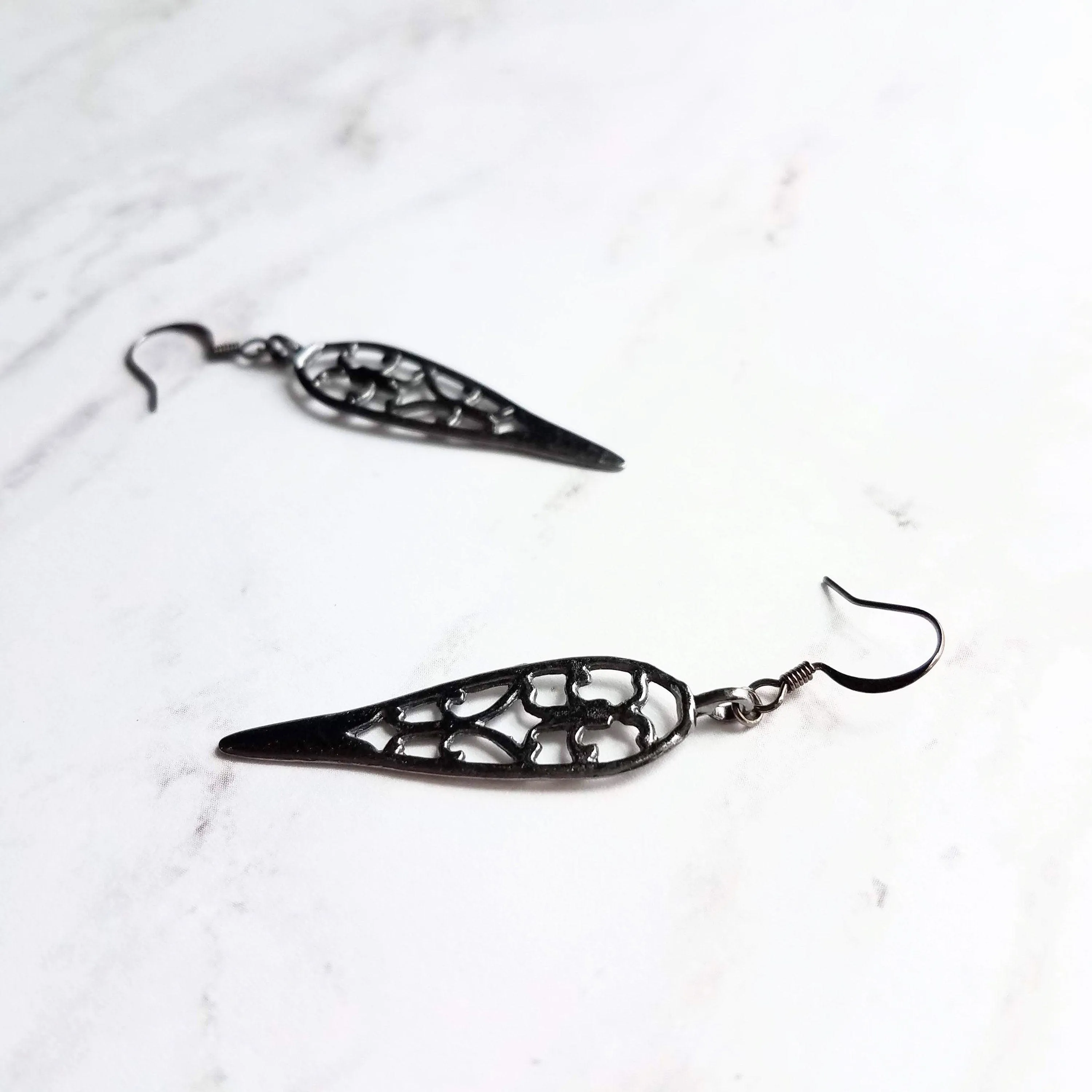 Long Gunmetal Earrings - cathedral style blackened silver filigree design w/ inverted teardrop shape - lightweight handmade everyday jewelry