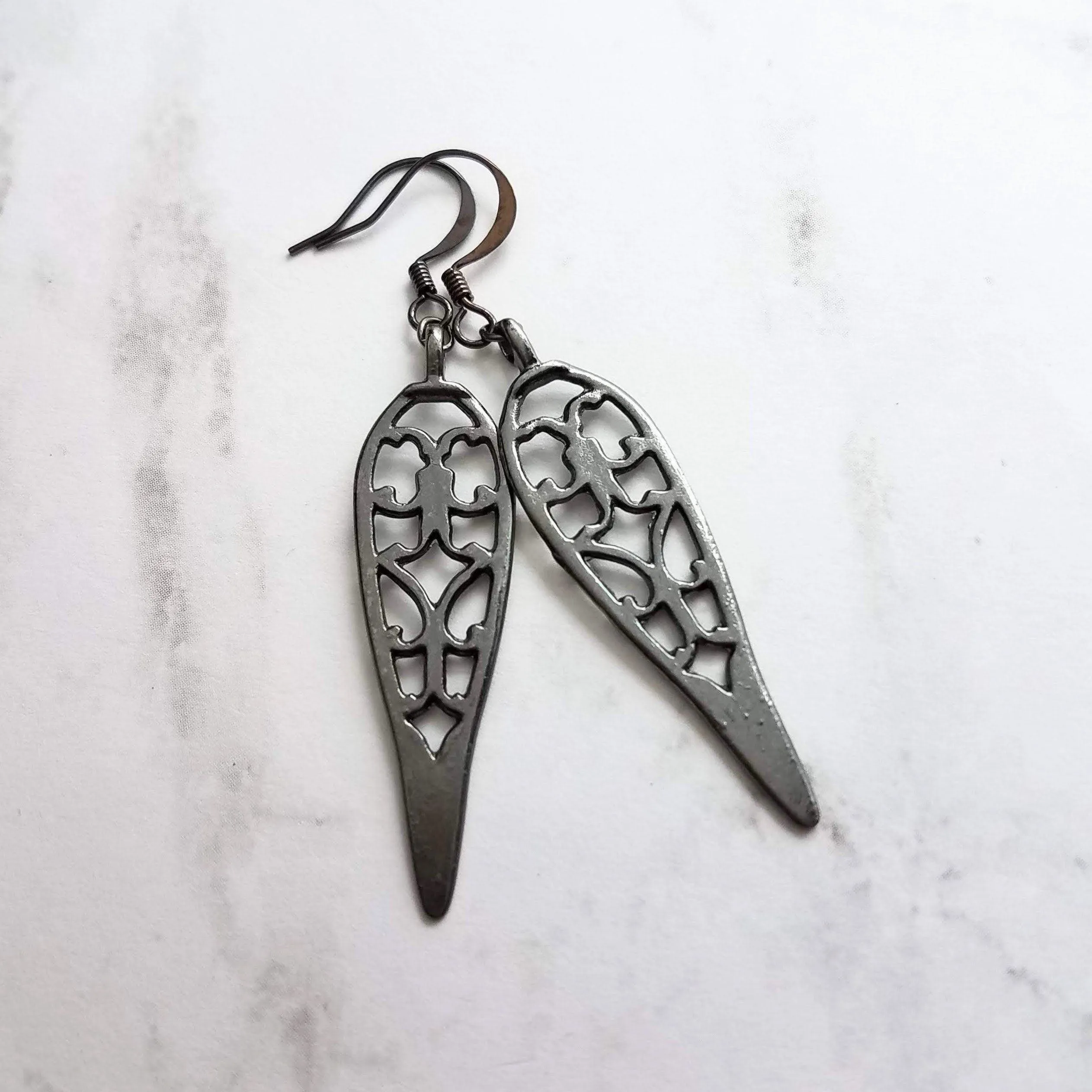 Long Gunmetal Earrings - cathedral style blackened silver filigree design w/ inverted teardrop shape - lightweight handmade everyday jewelry