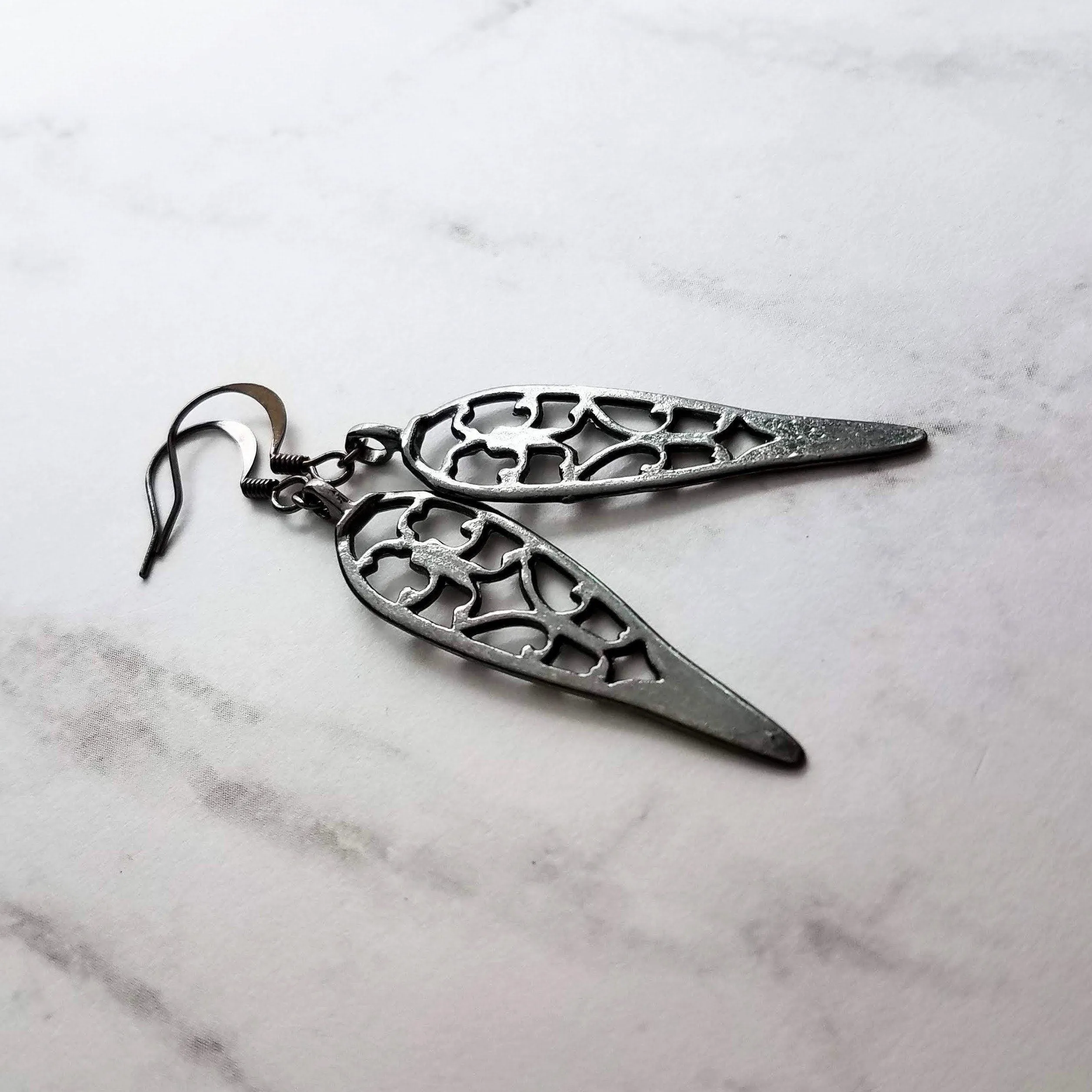 Long Gunmetal Earrings - cathedral style blackened silver filigree design w/ inverted teardrop shape - lightweight handmade everyday jewelry