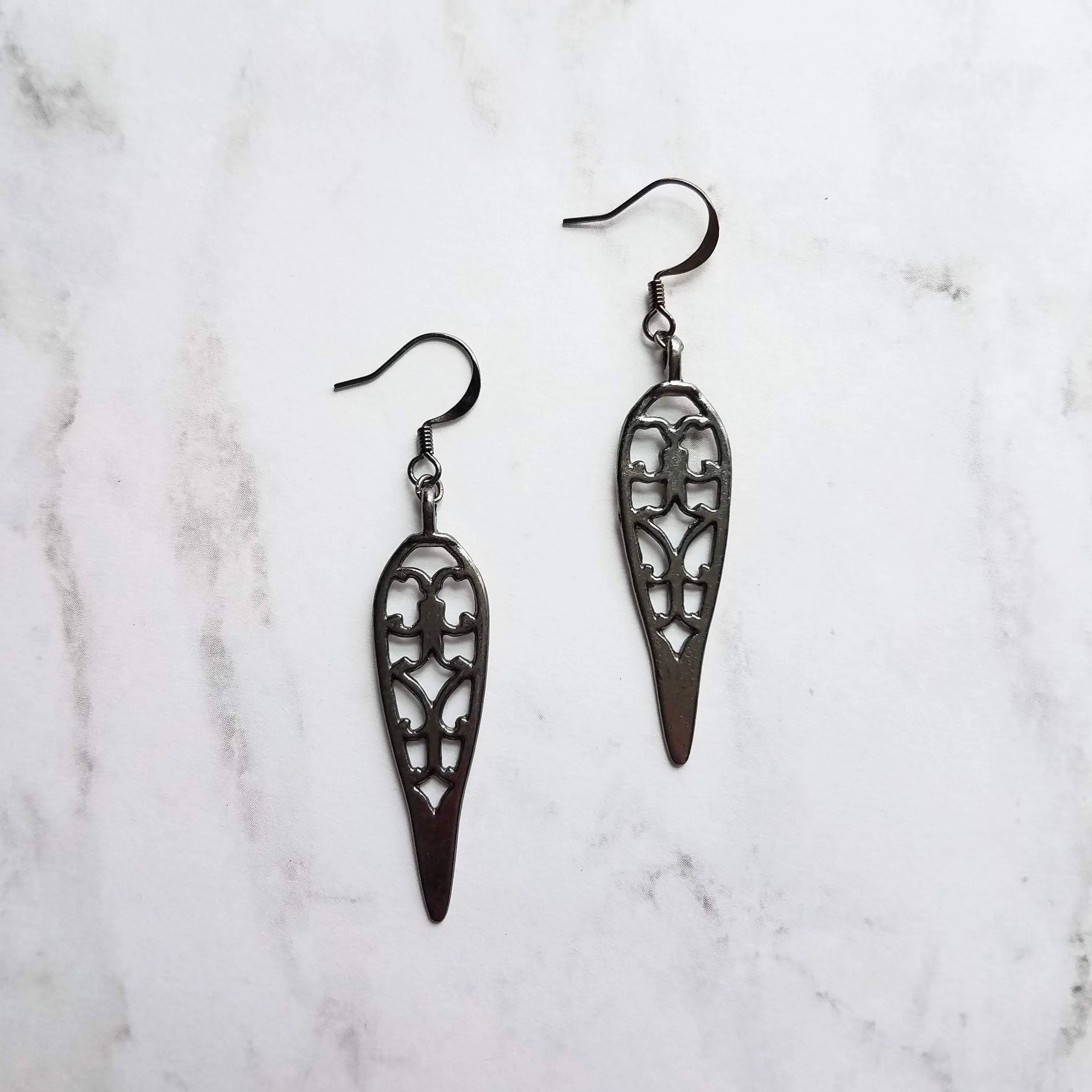 Long Gunmetal Earrings - cathedral style blackened silver filigree design w/ inverted teardrop shape - lightweight handmade everyday jewelry