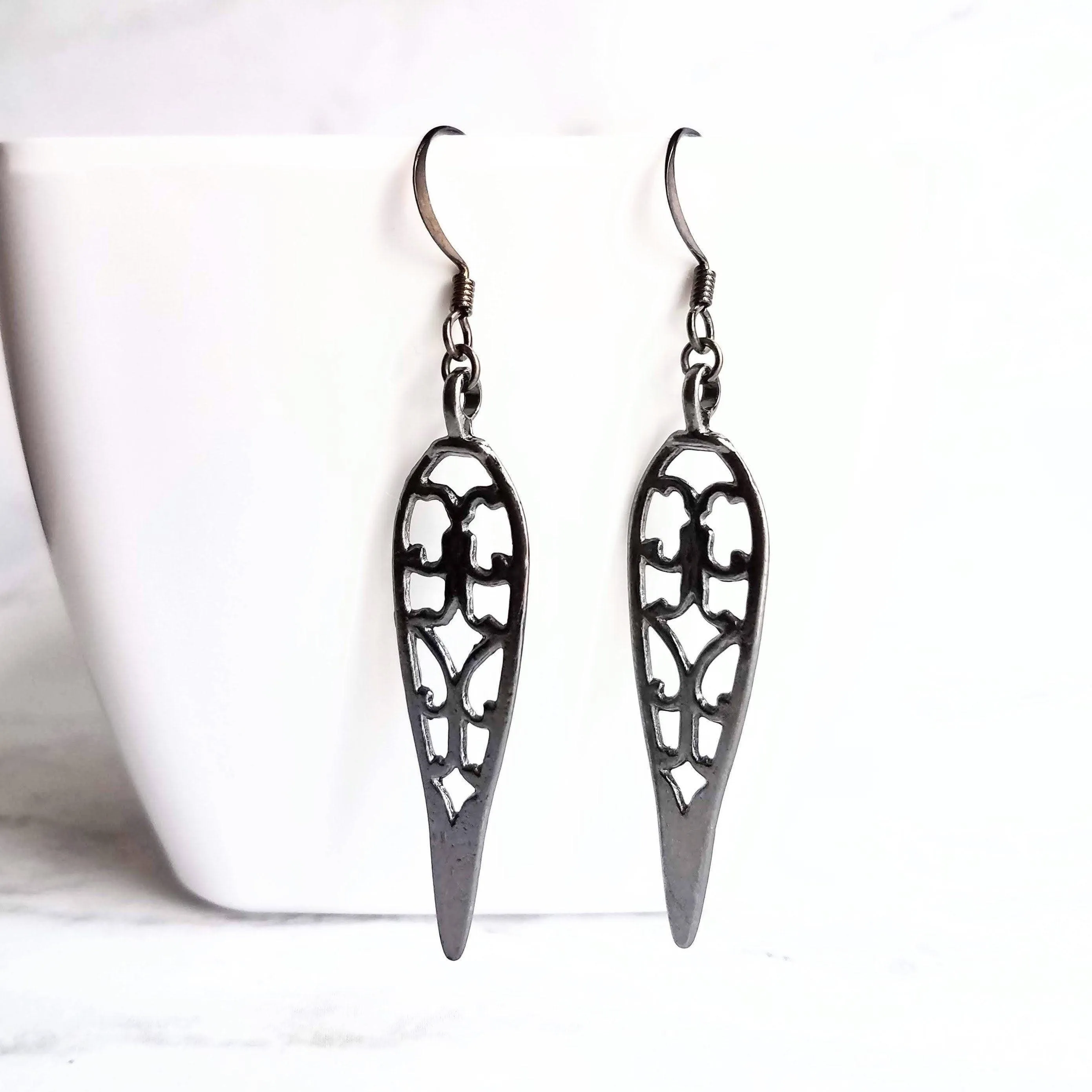 Long Gunmetal Earrings - cathedral style blackened silver filigree design w/ inverted teardrop shape - lightweight handmade everyday jewelry