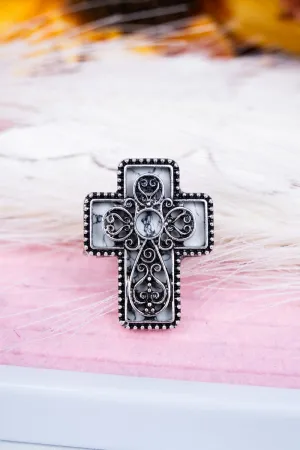 Loretta White Cross Silvertone Ring