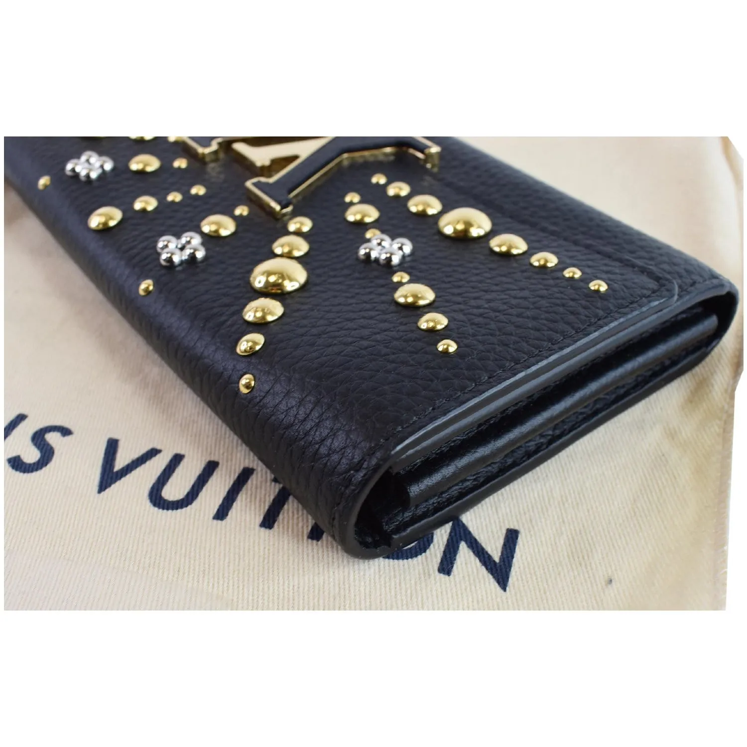 LOUIS VUITTON Capucines Studded Taurillon Leather Wallet Black