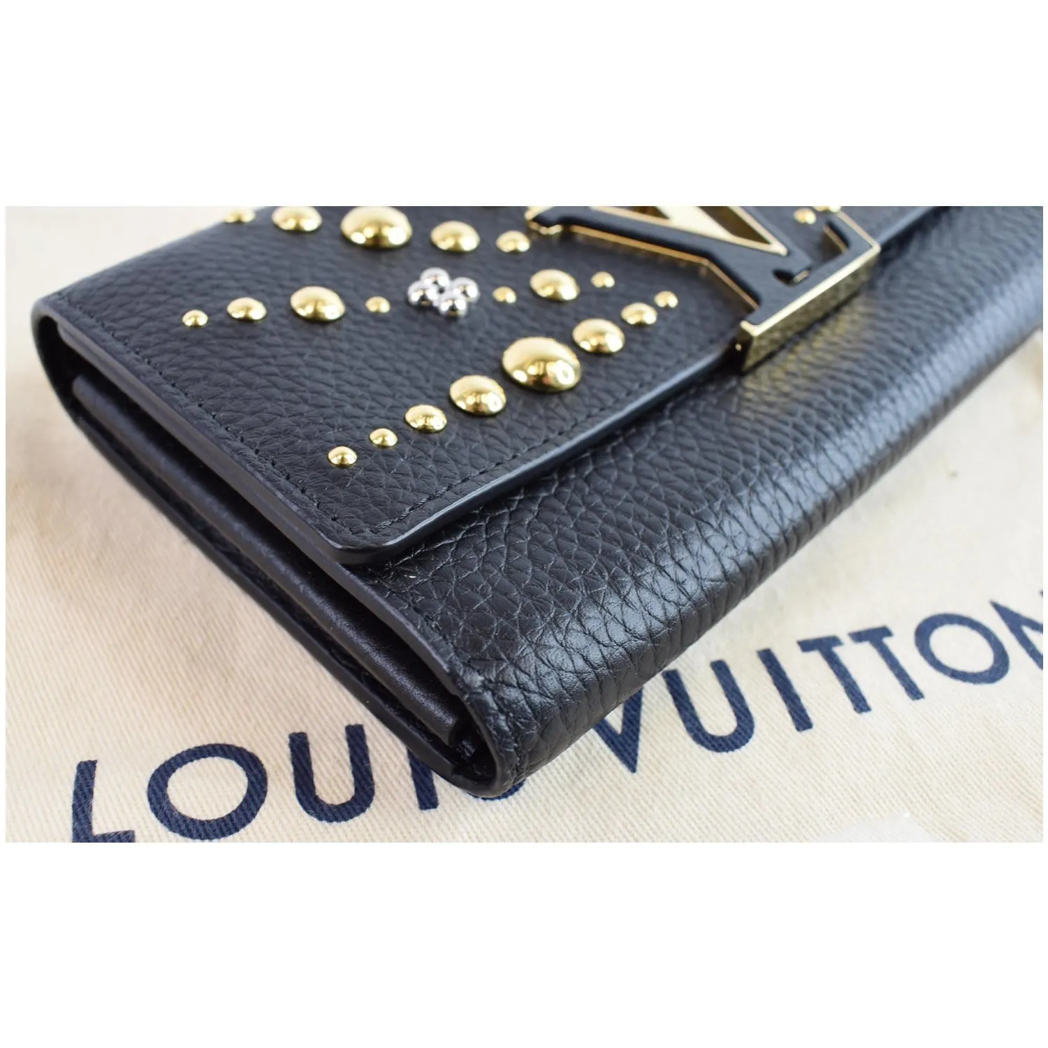 LOUIS VUITTON Capucines Studded Taurillon Leather Wallet Black