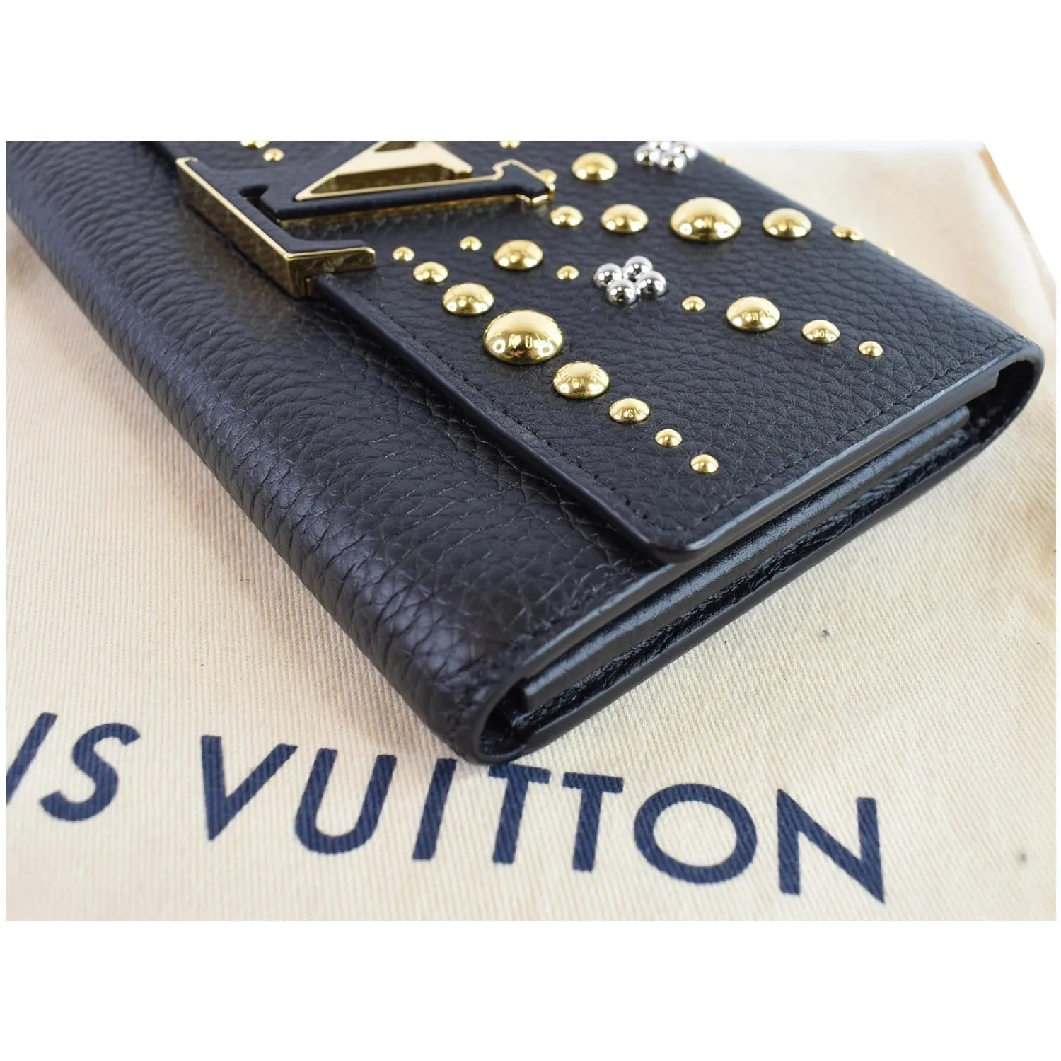 LOUIS VUITTON Capucines Studded Taurillon Leather Wallet Black