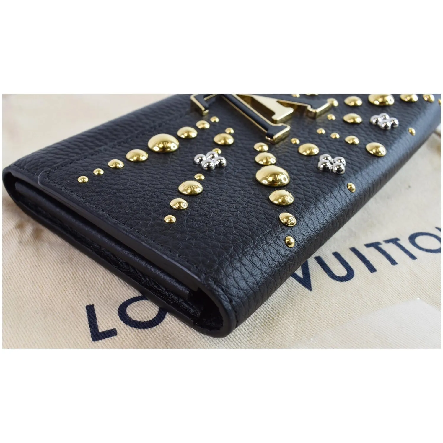 LOUIS VUITTON Capucines Studded Taurillon Leather Wallet Black