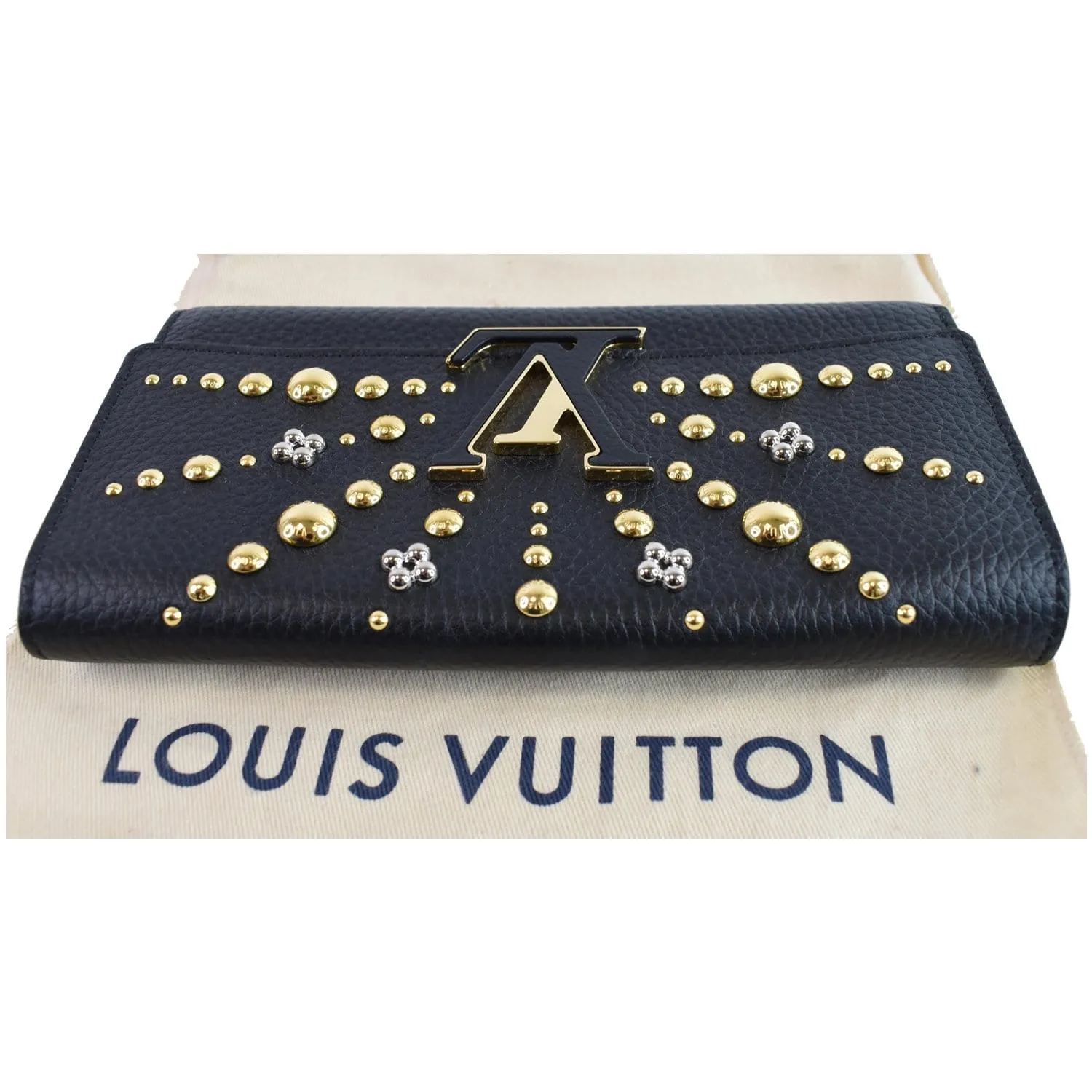 LOUIS VUITTON Capucines Studded Taurillon Leather Wallet Black