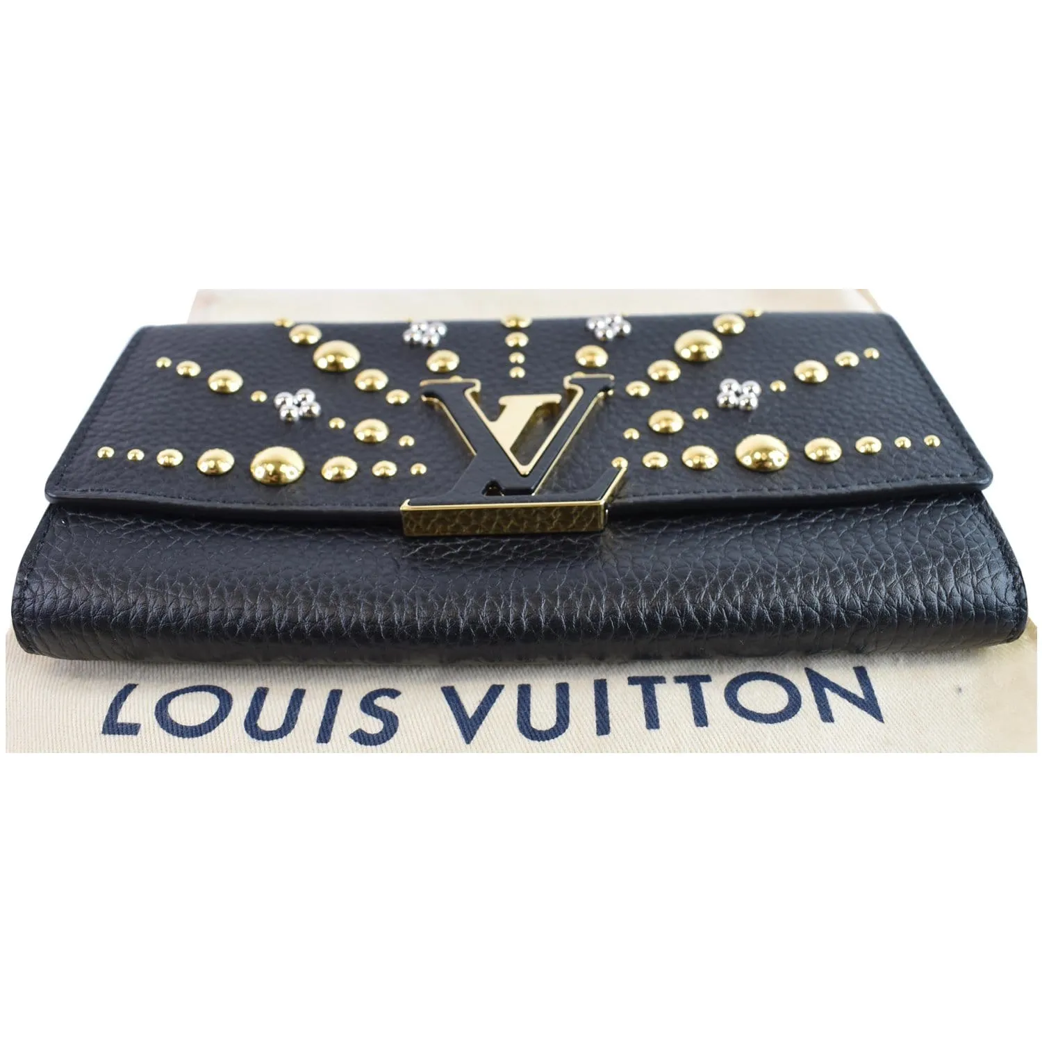 LOUIS VUITTON Capucines Studded Taurillon Leather Wallet Black