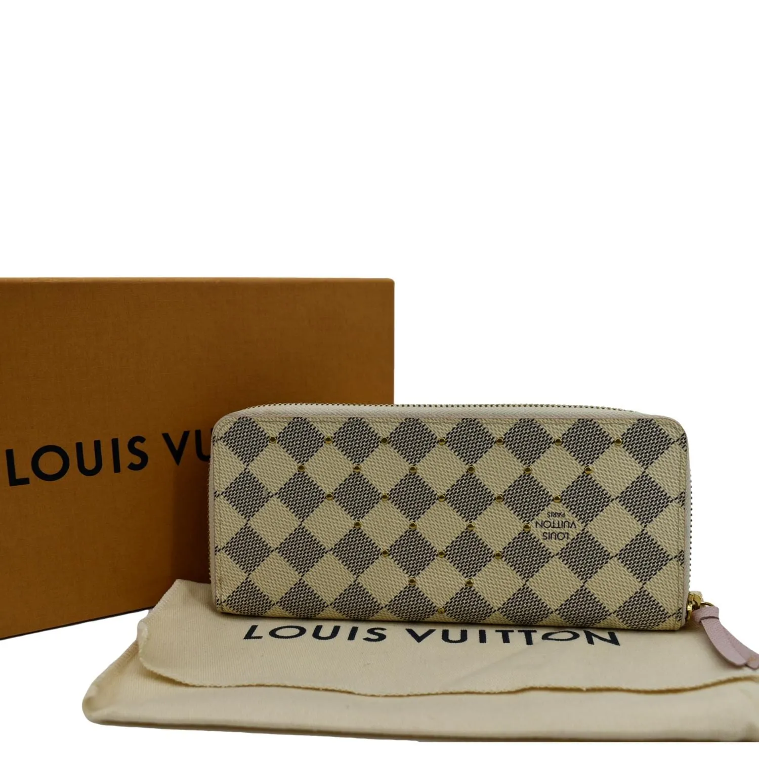 LOUIS VUITTON Studded Clemence Damier Azur Wallet Rose Ballerine