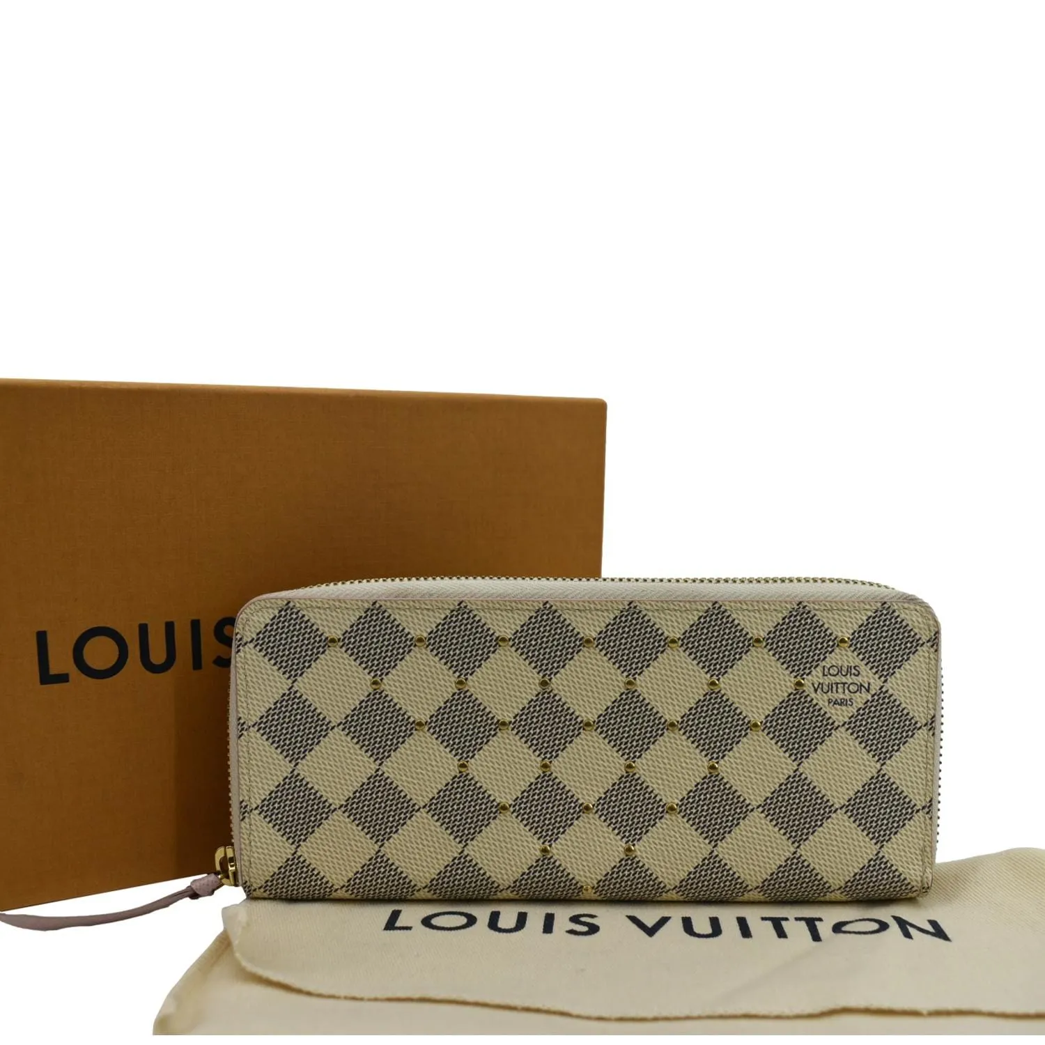 LOUIS VUITTON Studded Clemence Damier Azur Wallet Rose Ballerine