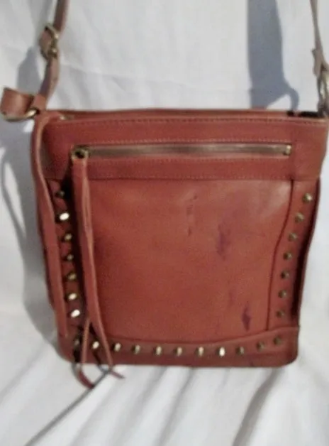 LUCKY BRAND LEATHER STUD Shoulder Bag Crossbody Swingpack Purse BROWN Fringe Tassel
