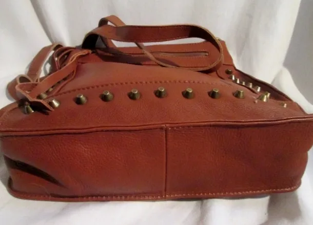 LUCKY BRAND LEATHER STUD Shoulder Bag Crossbody Swingpack Purse BROWN Fringe Tassel