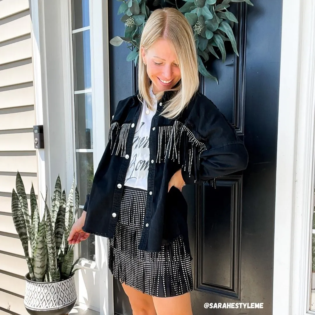 Main Strip Stud Fringe Black Mini Skirt LS40298