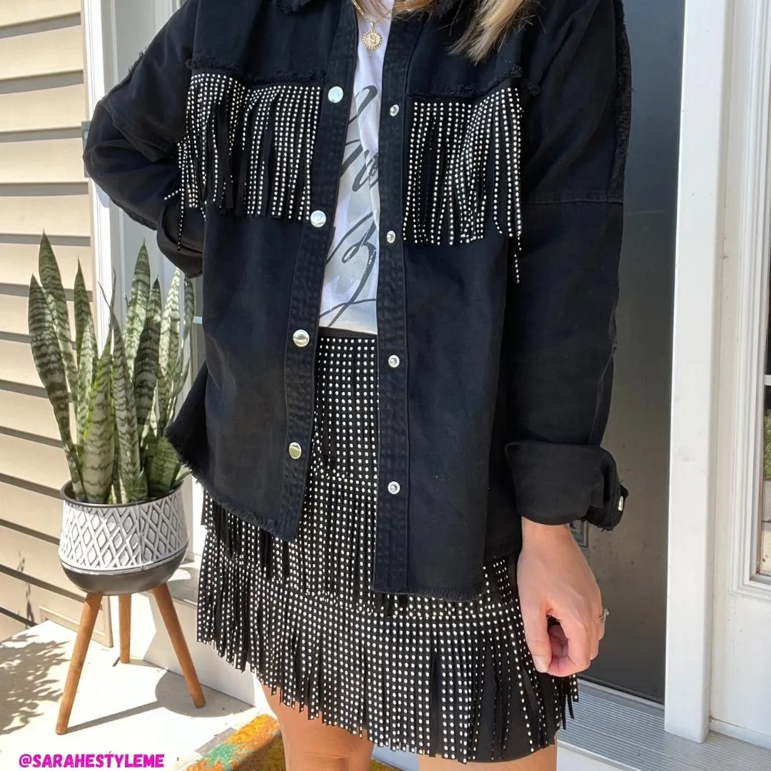 Main Strip Stud Fringe Black Mini Skirt LS40298