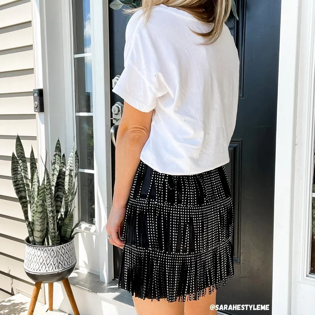 Main Strip Stud Fringe Black Mini Skirt LS40298