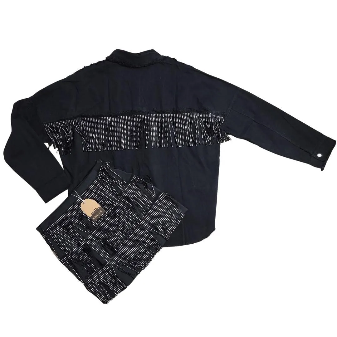 Main Strip Stud Fringe Black Mini Skirt LS40298