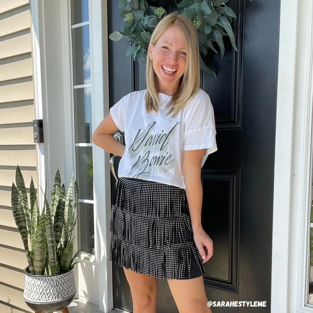 Main Strip Stud Fringe Black Mini Skirt LS40298