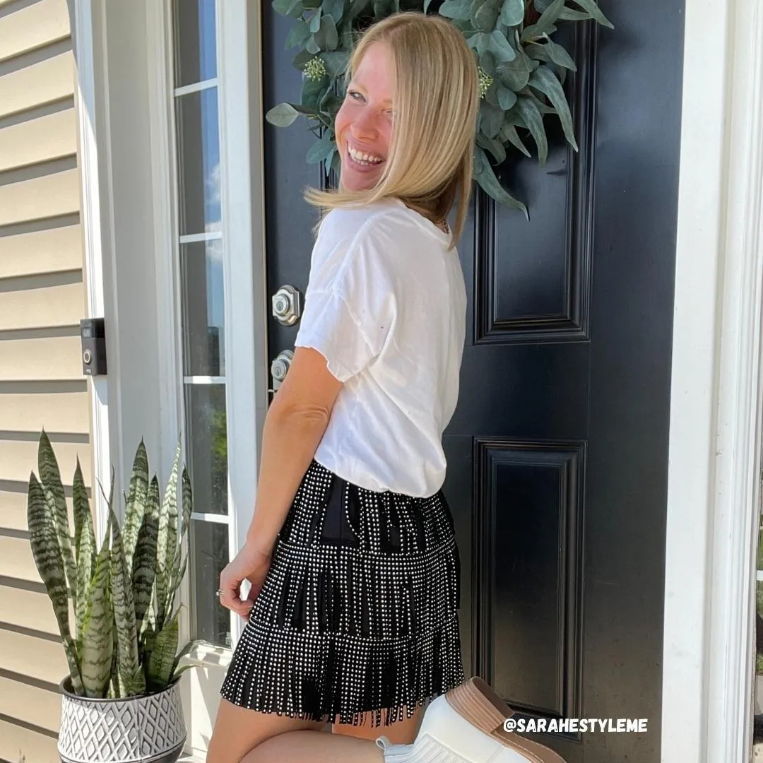 Main Strip Stud Fringe Black Mini Skirt LS40298